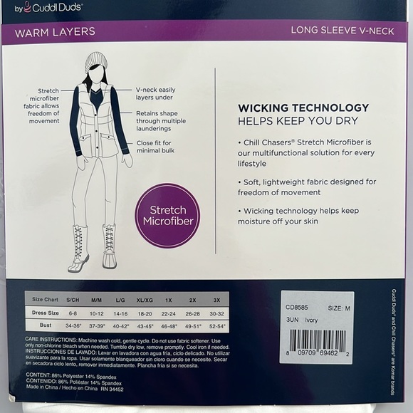 Cuddl Duds Chill Chasers Stretch Microfiber Long Sleeve V-Neck Top CD8585 Ivory - Picture 3 of 5